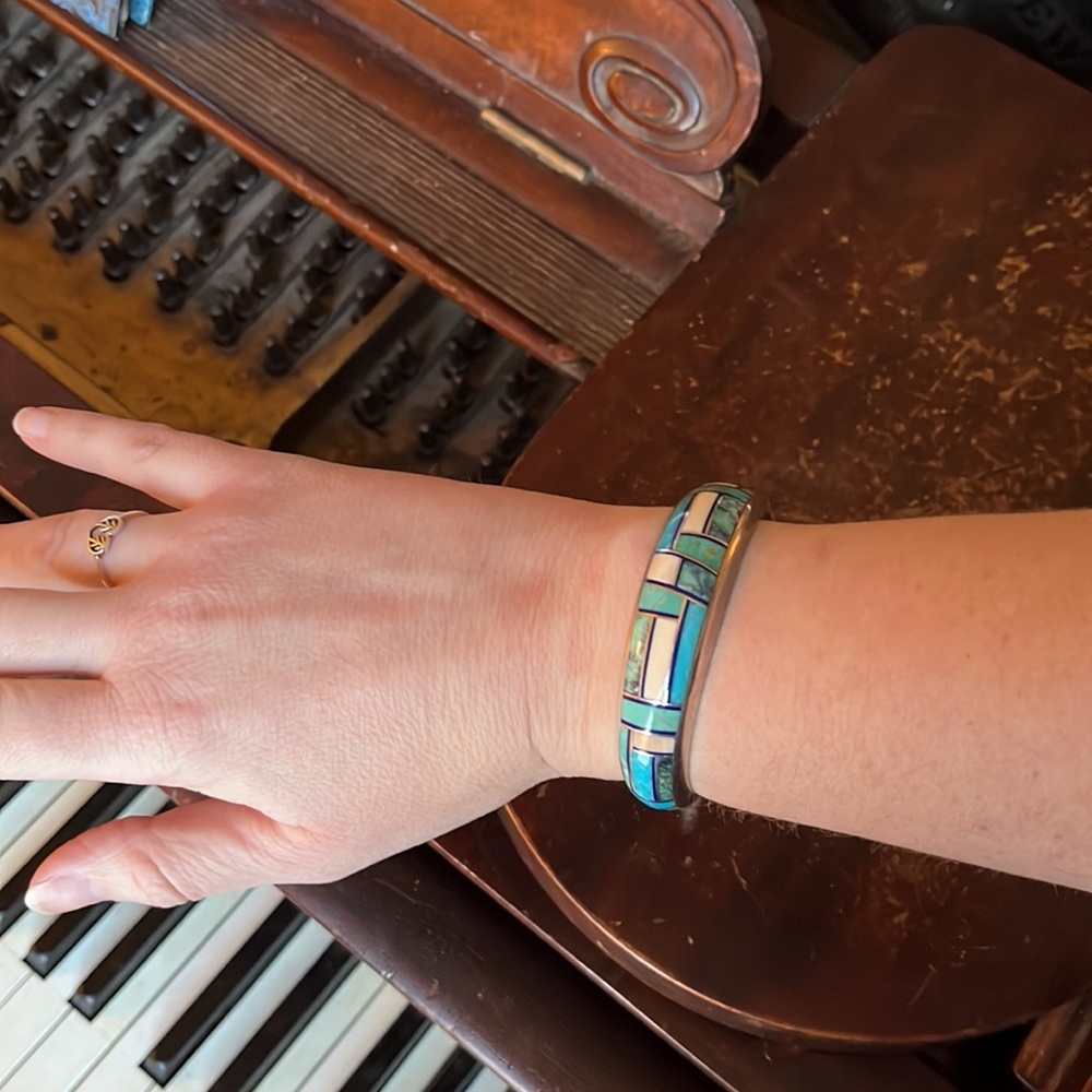 Vintage Native American Navajo Aaron Toadlena Turquoise Silver Inlay Bracelet - Picture 17 of 17